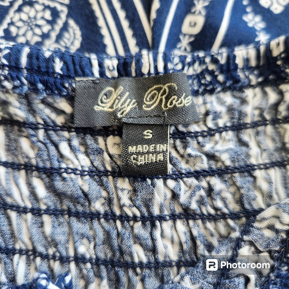 Lily Rose Women's Short Romper Blue/White Shirred Elastic Bodice Pocketed  S-Jr - Picture 9 of 9